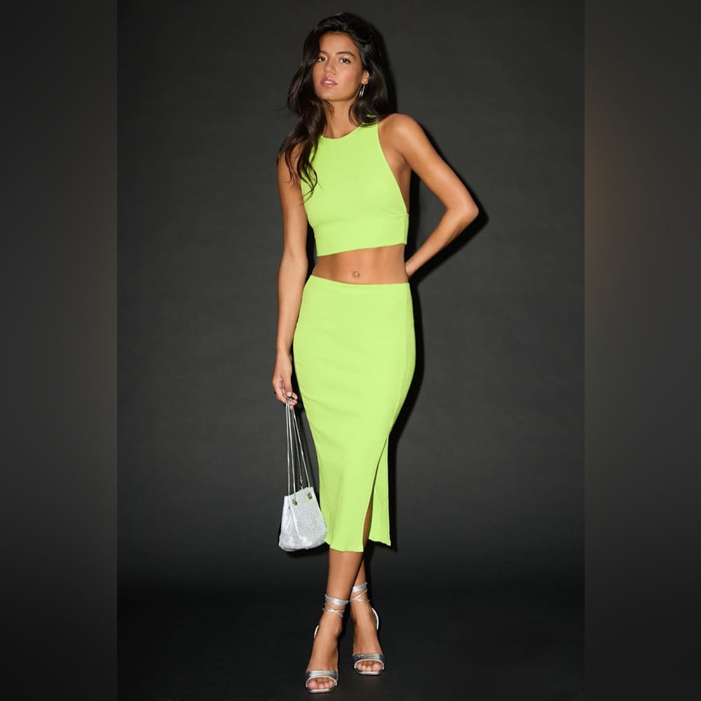 NWOT Lulu’s Absolute Edge Lime Green 2 Piece Bodycon Midi Set $72 Small - Picture 2 of 9